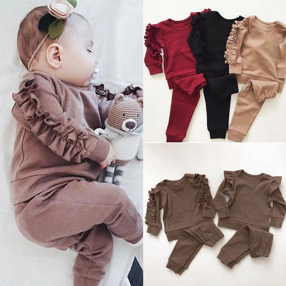Newborn Baby Boys Girls Ruffles Jumper Solid Long Sleeve Sweatshirt Tops Pants Infant Kids 2Pcs Outfits Clothes Set Fall Clothes - Lilo Bloom